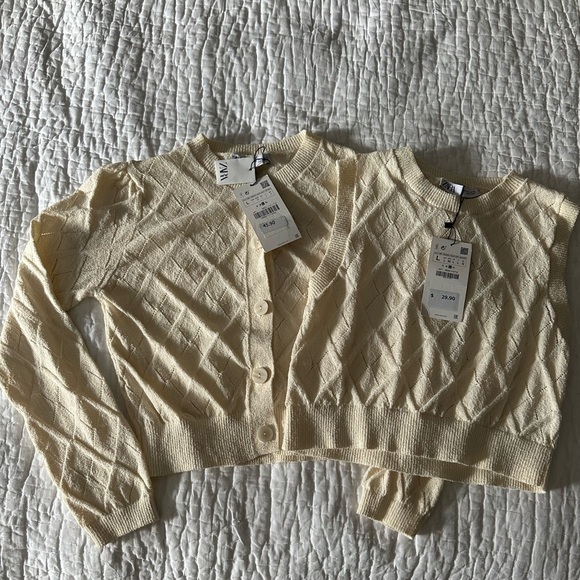 NWT Zara matching set pointelle knit crop top and cardigan in ecru - Picture 8 of 12
